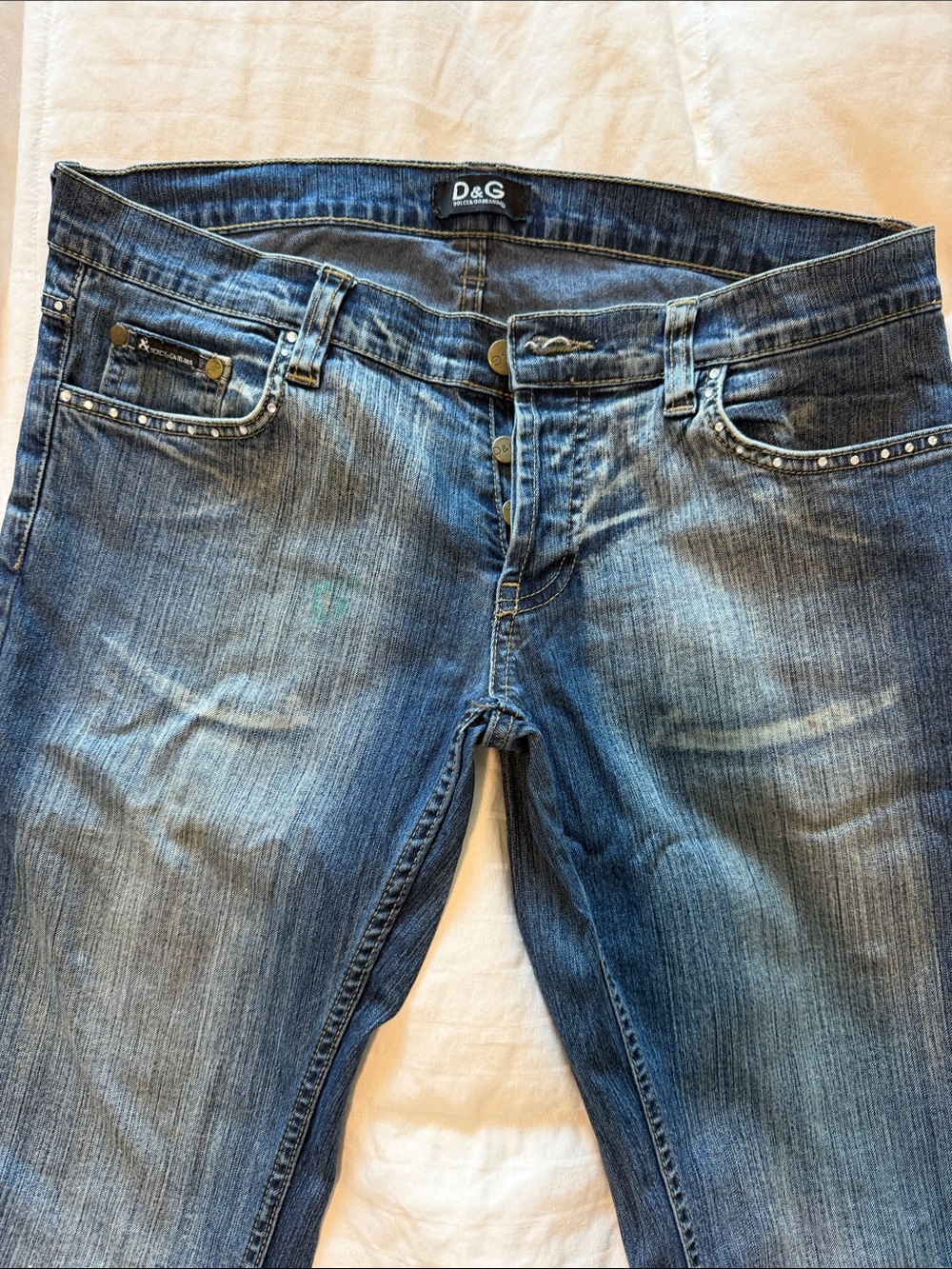 D&G Women's Distressed Blue Skinny Jeans with Studded Pockets